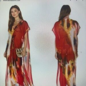 Michael Stars Red and Multicolor Sheer Kaftan Dress
